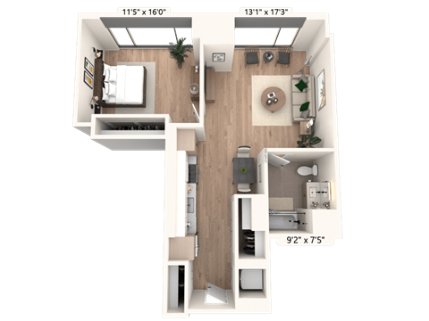 Floor plan for 1 bed, 1 bath, 747 sqft